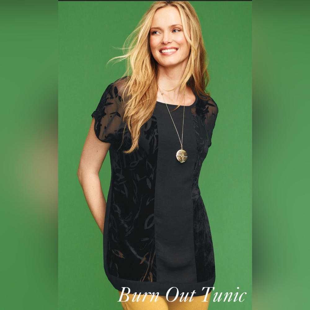CAbi Siren Song Burnout Black Sheer Tunic EUC